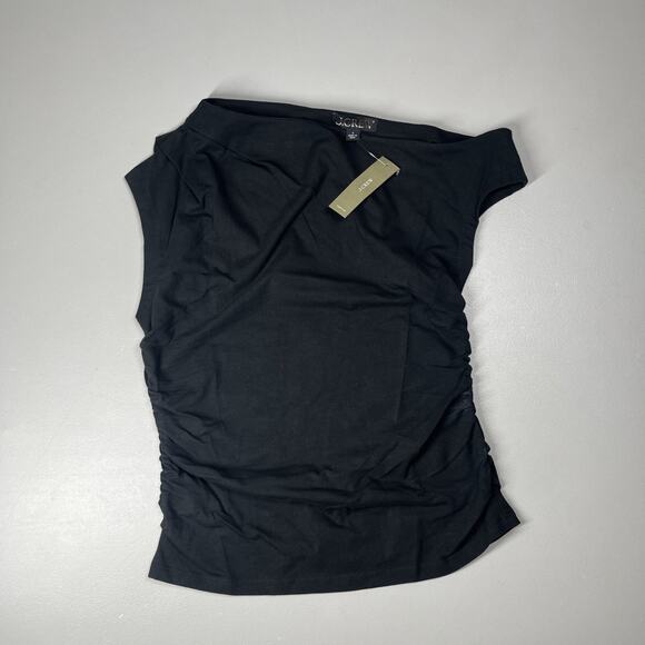 J Crew Stretch Cotton Blend Off The Shoulder Top Womens Small Black Asymmetrical - Picture 1 of 7